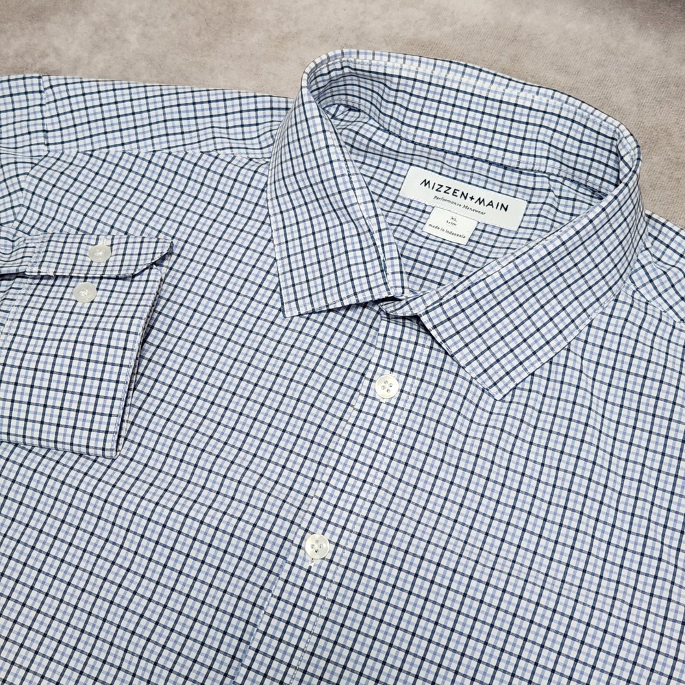 Mizzen+Main XL Trim Fit Performance Dress Shirt l/s Blue White Micro Check Grid